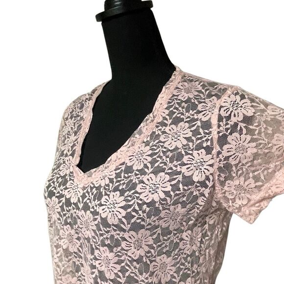 Bella Birdie Light Pink Sheer Lace V Neck Top - Picture 2 of 6
